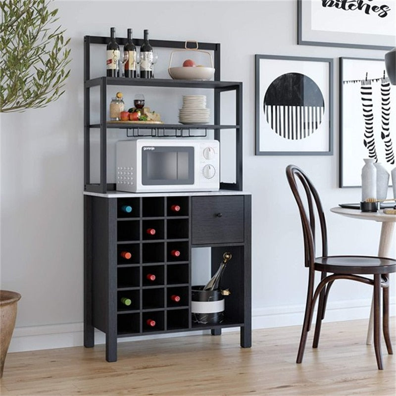Wine Buffet Cabinet - 18 Bottle Rack, Glass Holder, Serving Bar Table with 3-Tier Shelves and Drawer