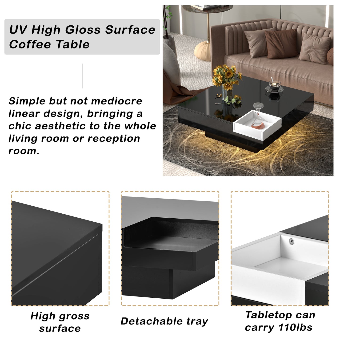 Modern Minimalist Design Square Coffee Table with LED Strip Lights and Detachable Tray