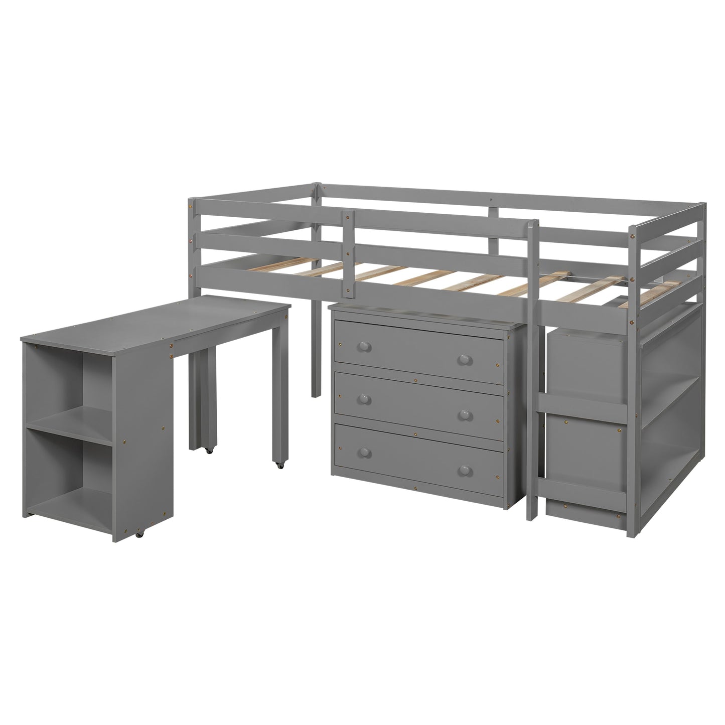 Twin Size Low Study Loft Bed with Cabinet and Rolling Portable Desk