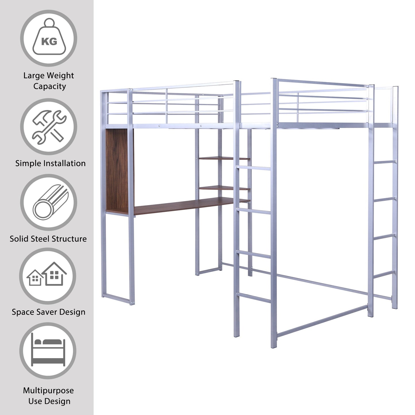 Full Size Metal Loft Bed Frame with 2 Shelves and 1 Desk