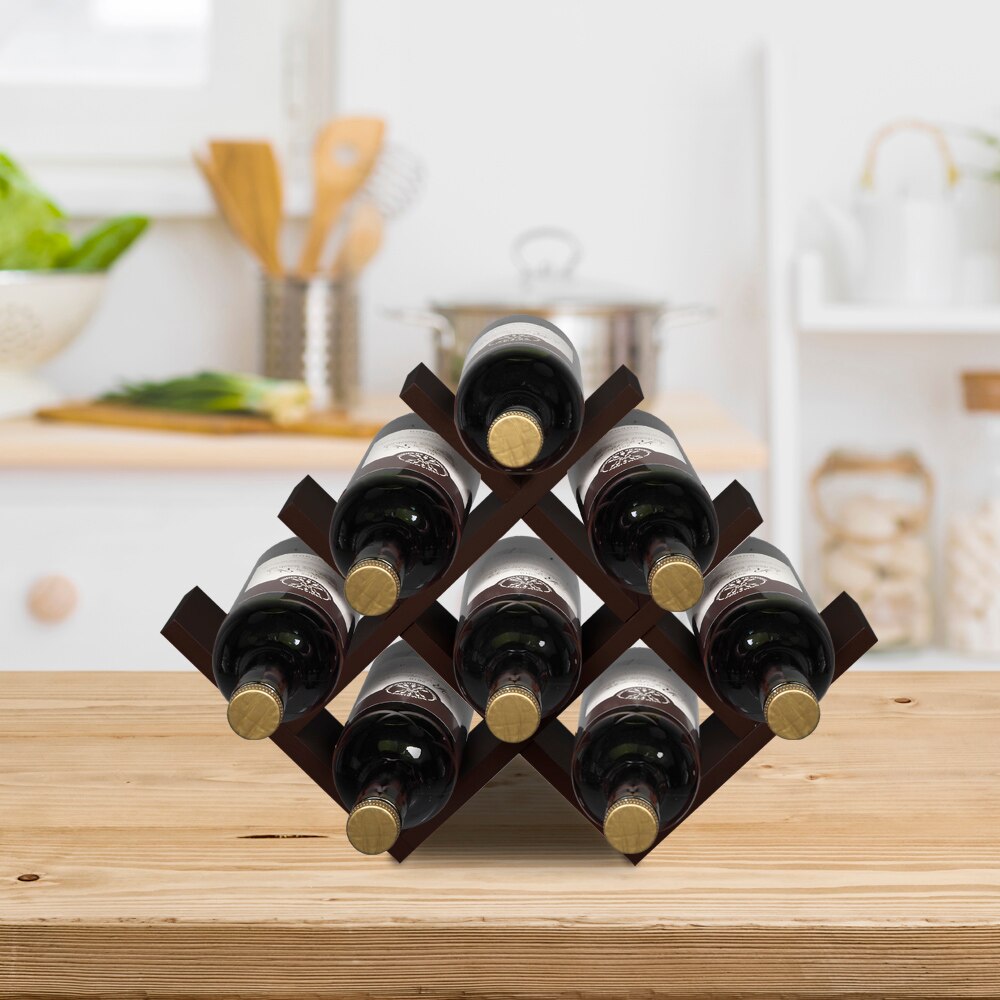 Brown Wooden Wine Rack Wine Holder - 8 Bottle Storage, Modern Style - L17.25" x W 4" x H 11.5"