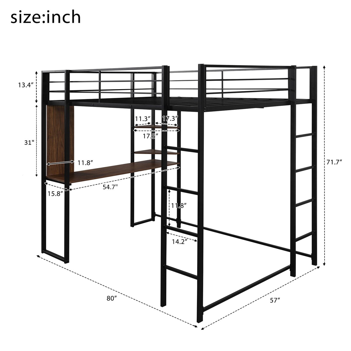 Full Size Metal Loft Bed Frame with 2 Shelves and 1 Desk