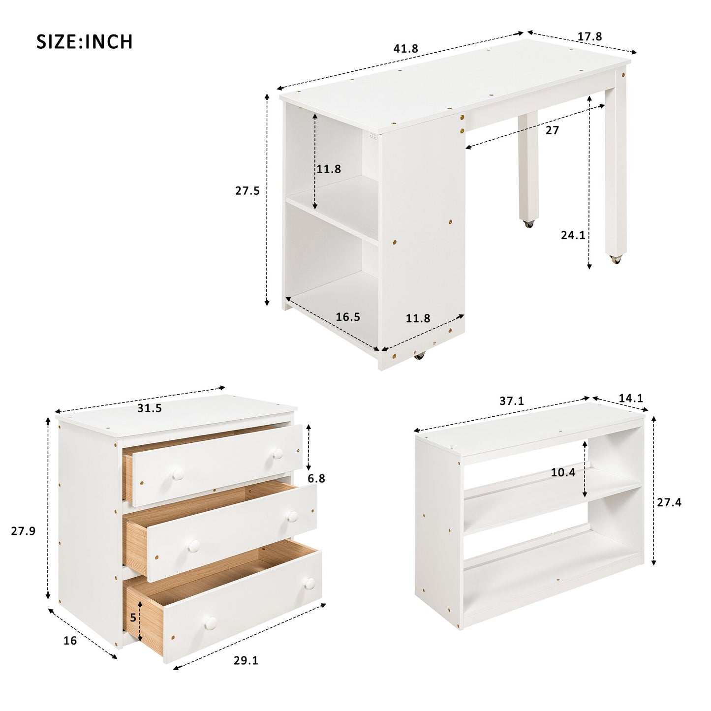 Twin Size Low Study Loft Bed with Cabinet and Rolling Portable Desk