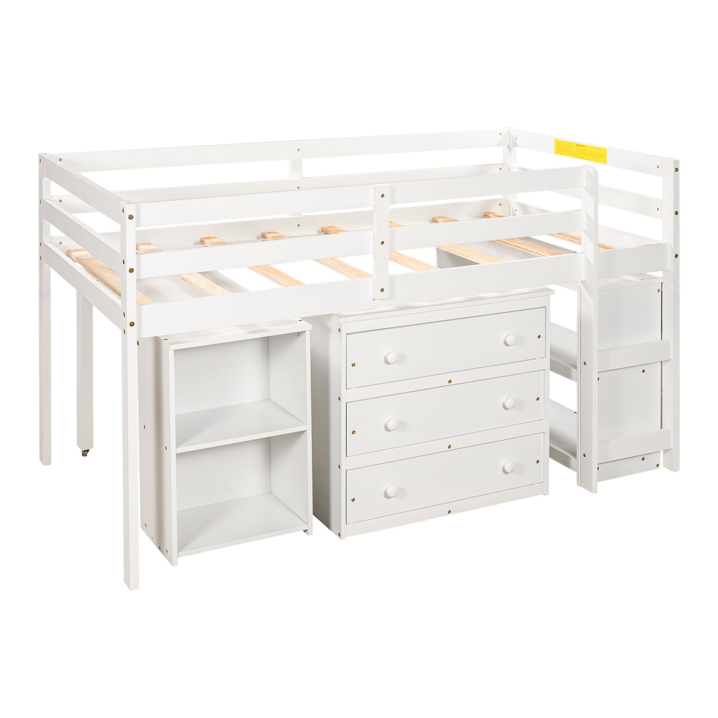 Twin Size Low Study Loft Bed with Cabinet and Rolling Portable Desk