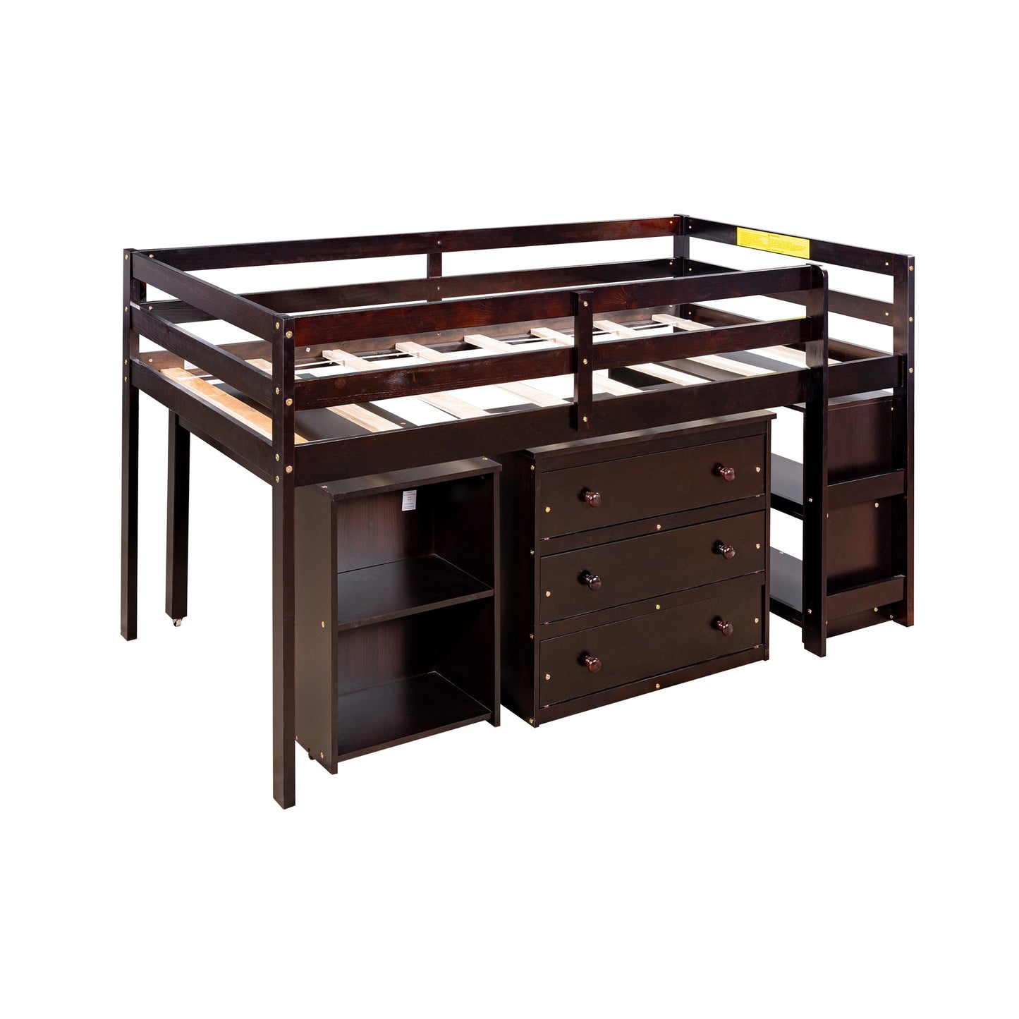 Twin Size Low Study Loft Bed with Cabinet and Rolling Portable Desk