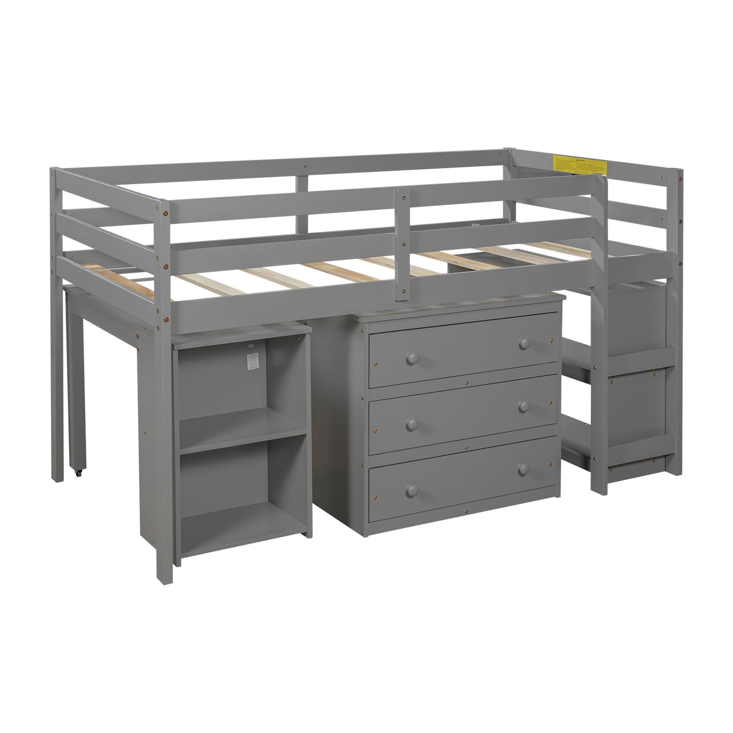 Twin Size Low Study Loft Bed with Cabinet and Rolling Portable Desk