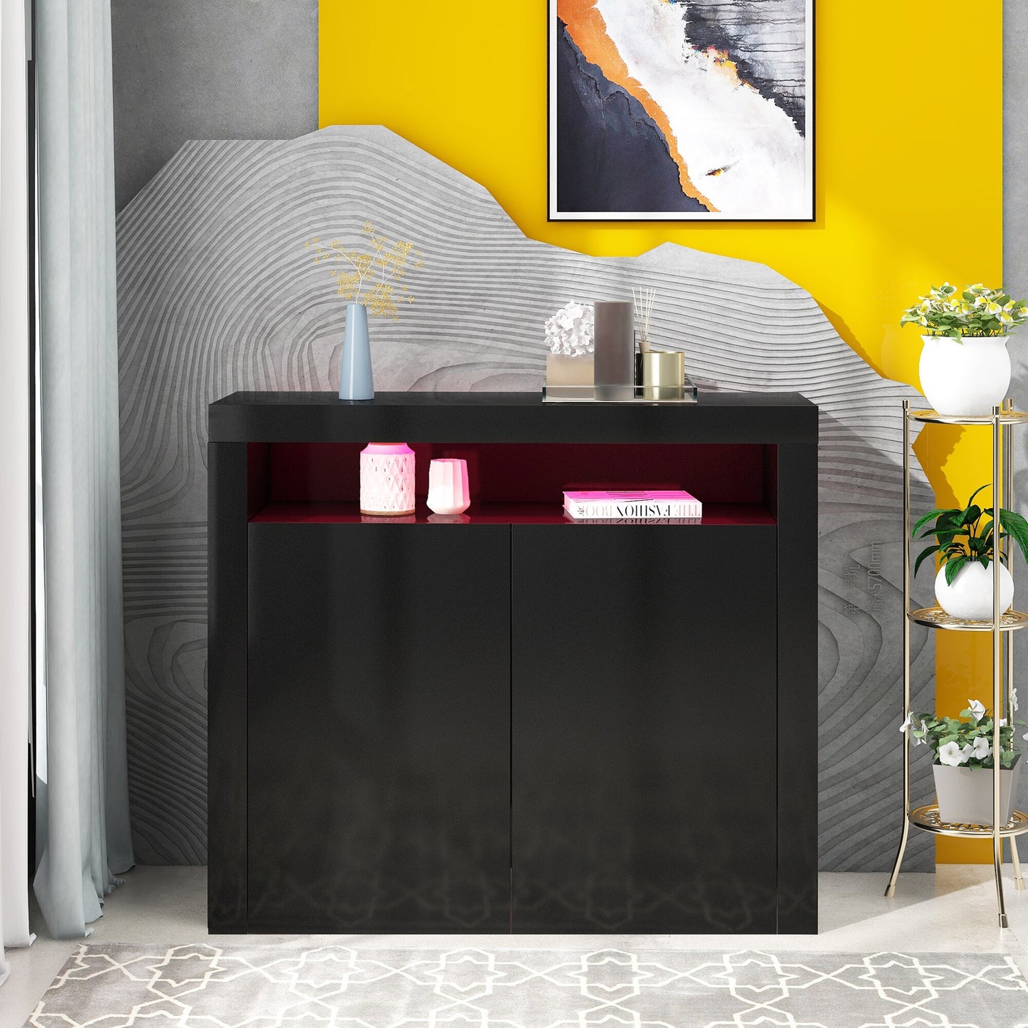 High Gloss Sideboard Modern 2-Door Storage Cabinet with LED Lights