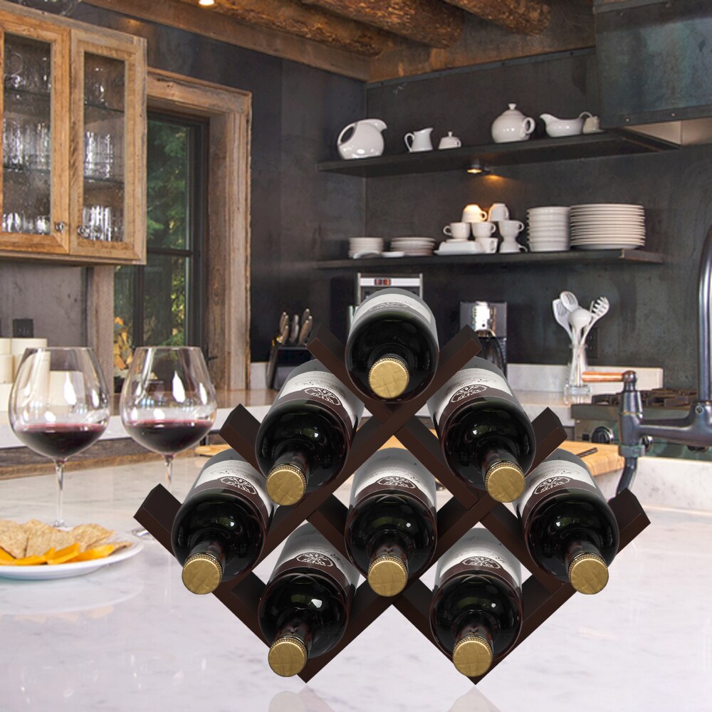 Brown Wooden Wine Rack Wine Holder - 8 Bottle Storage, Modern Style - L17.25" x W 4" x H 11.5"