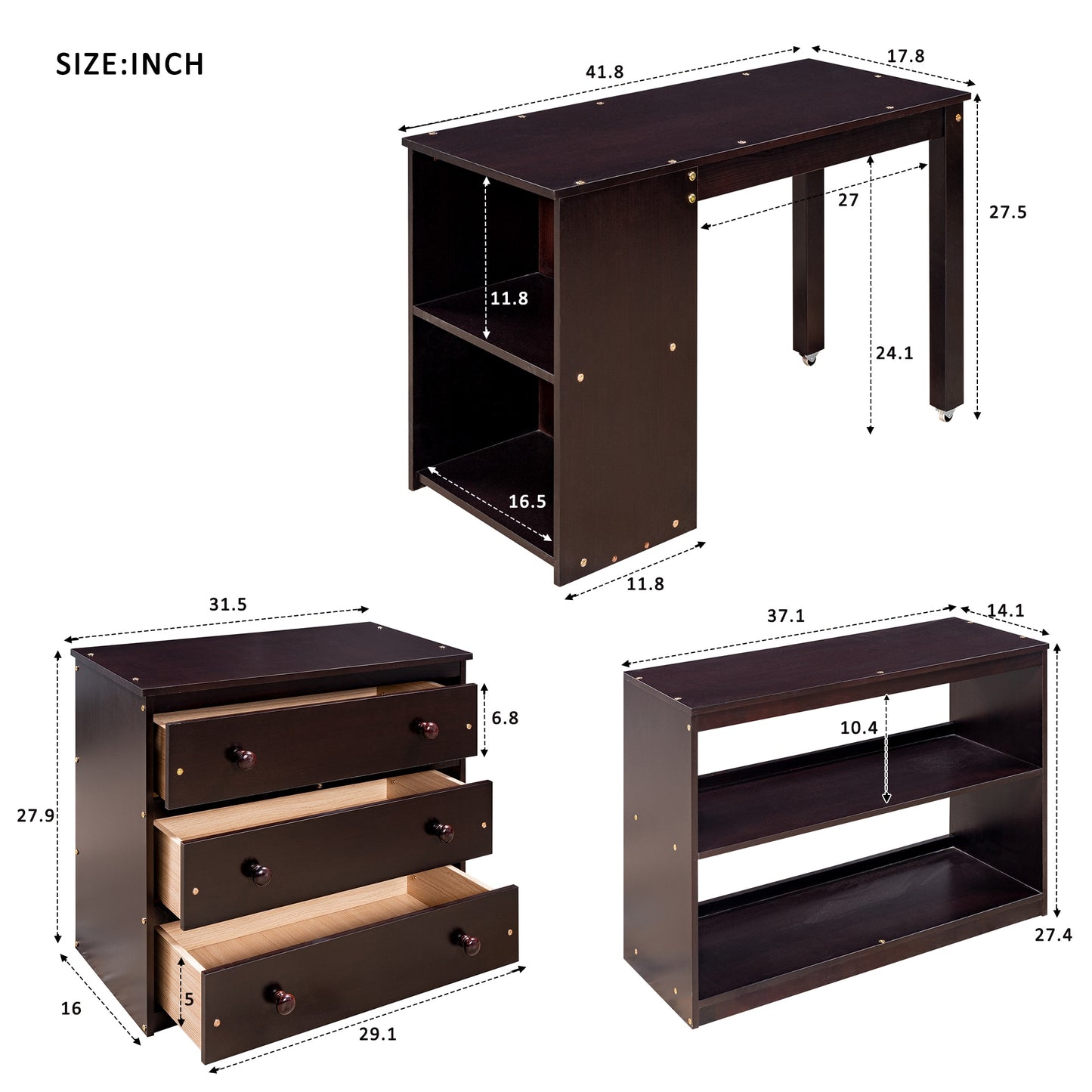 Twin Size Low Study Loft Bed with Cabinet and Rolling Portable Desk