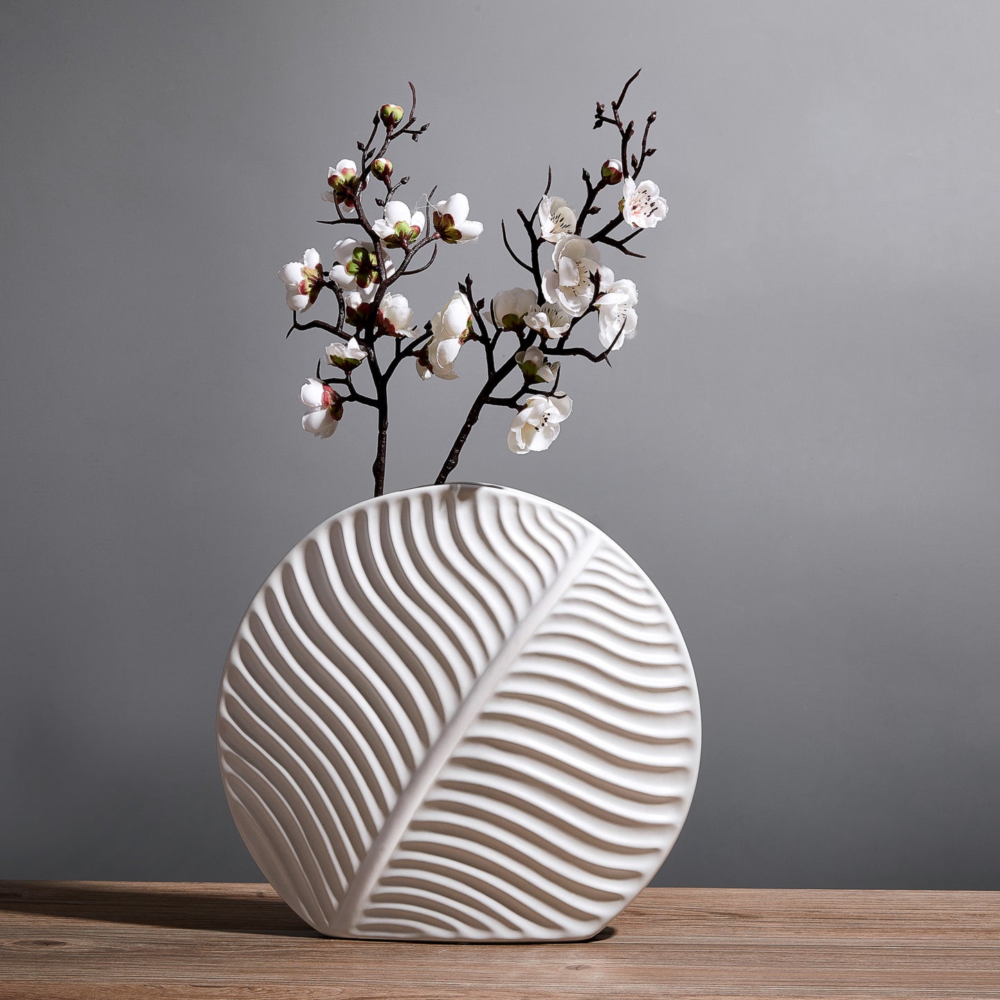 MIAJO White Ceramic Vase with Leaves Pattern Embossed