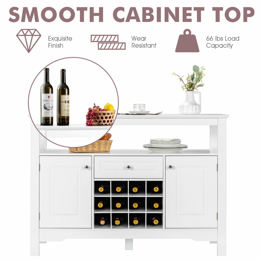 White Storage Buffet Sideboard Table with 12-Bottle Wine Rack - Kitchen Server Cabinet, Spacious Drawers and Cabinets, Elegant and Functional Furniture for Organizing Kitchen Essentials