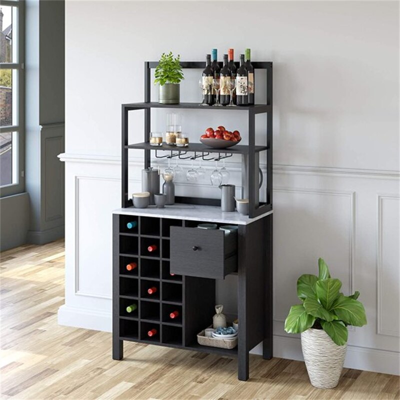 Wine Buffet Cabinet - 18 Bottle Rack, Glass Holder, Serving Bar Table with 3-Tier Shelves and Drawer
