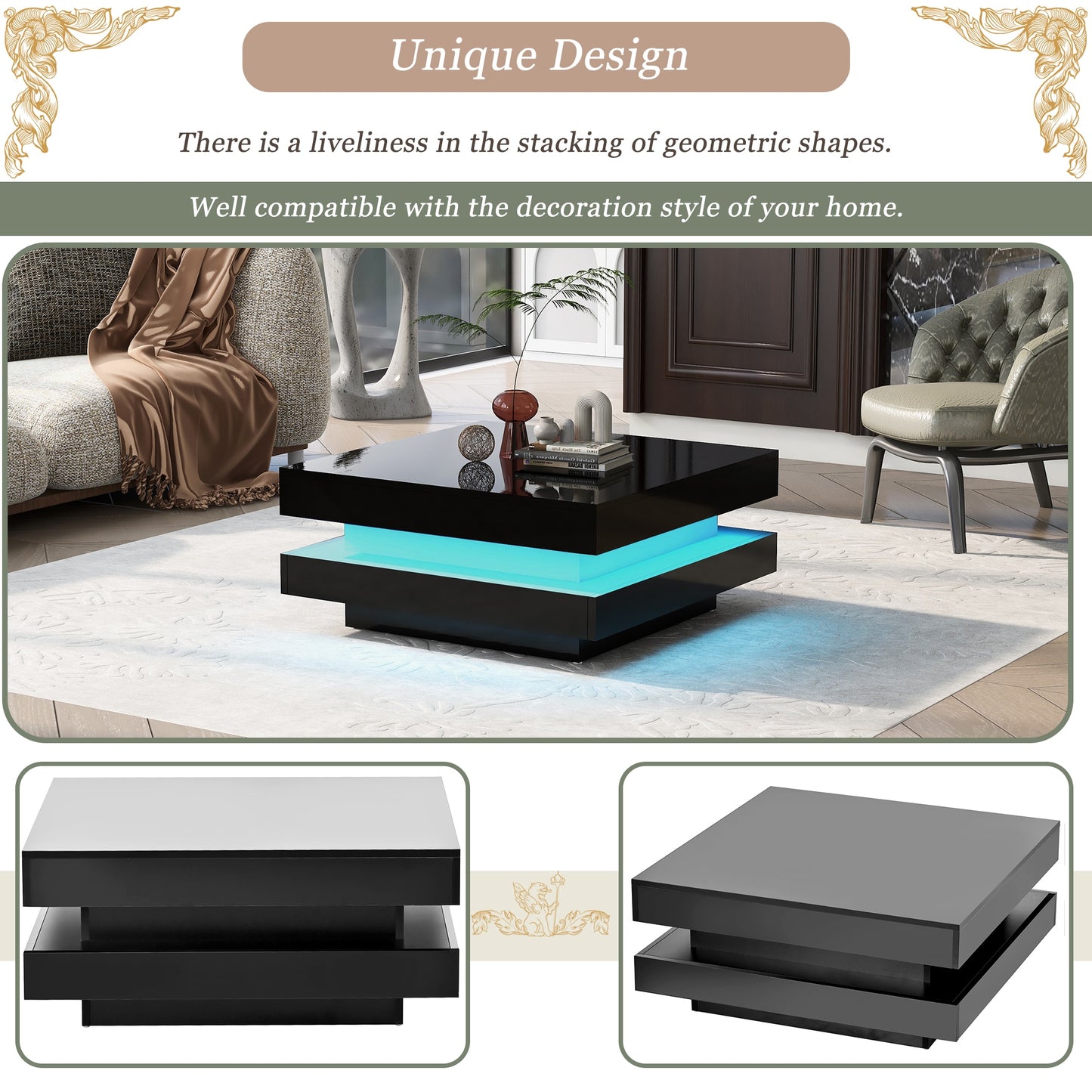 High Gloss Minimalist Design Coffee Table W/Plug-in 16-Color LED Lights 2-Tier Square Center Table for Living Room