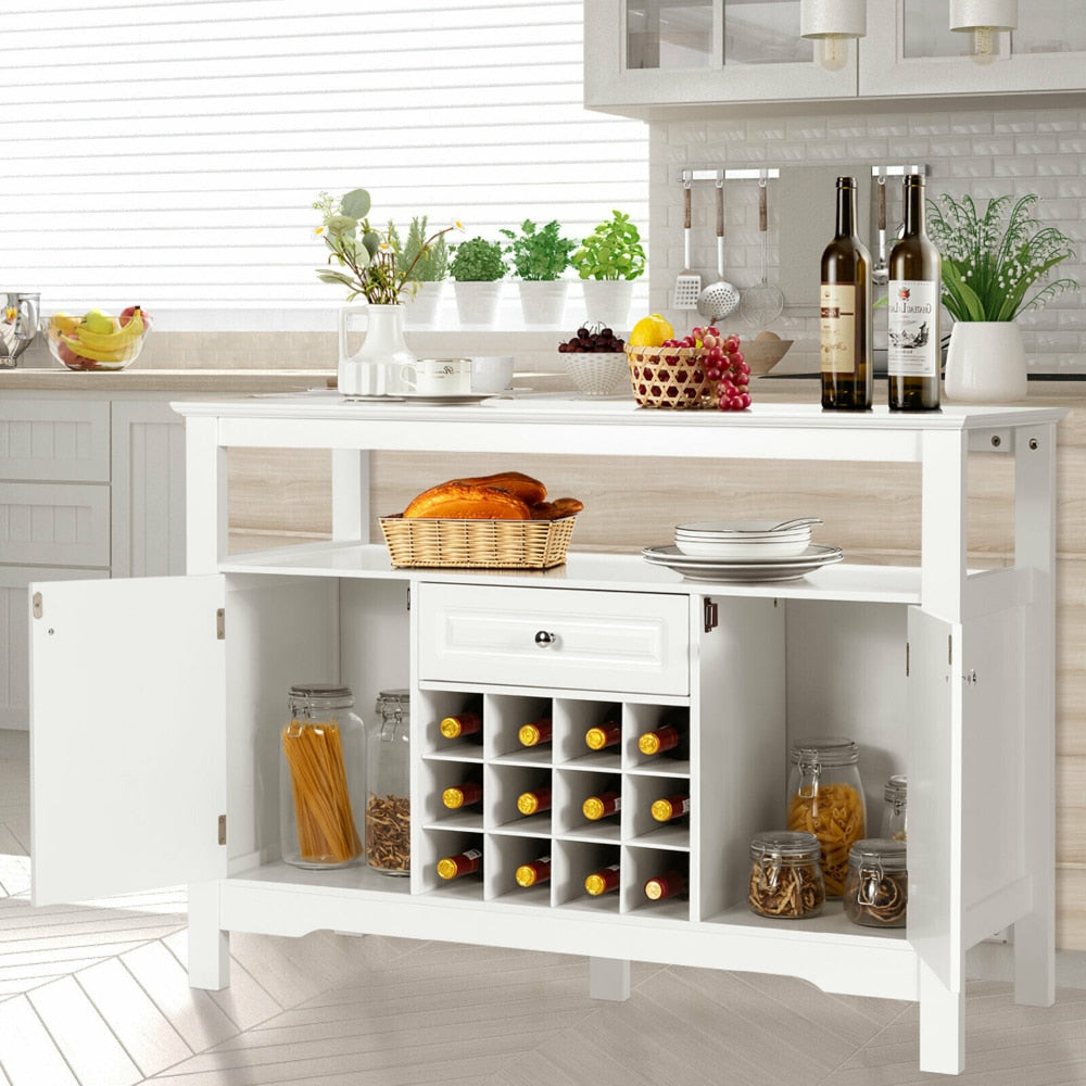 White Storage Buffet Sideboard Table with 12-Bottle Wine Rack - Kitchen Server Cabinet, Spacious Drawers and Cabinets, Elegant and Functional Furniture for Organizing Kitchen Essentials