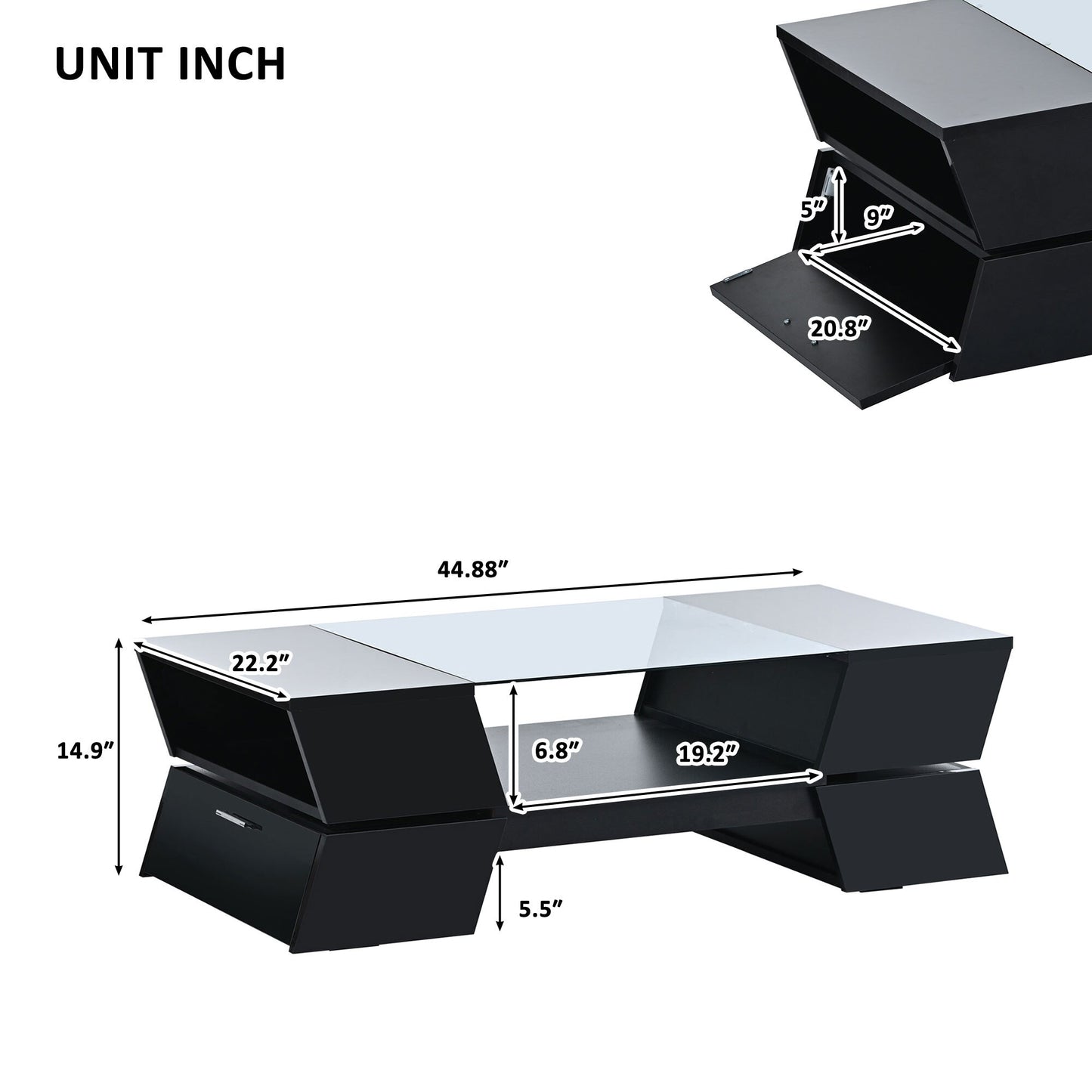 6mm Glass-Top Coffee Table with Open Shelves and Cabinets