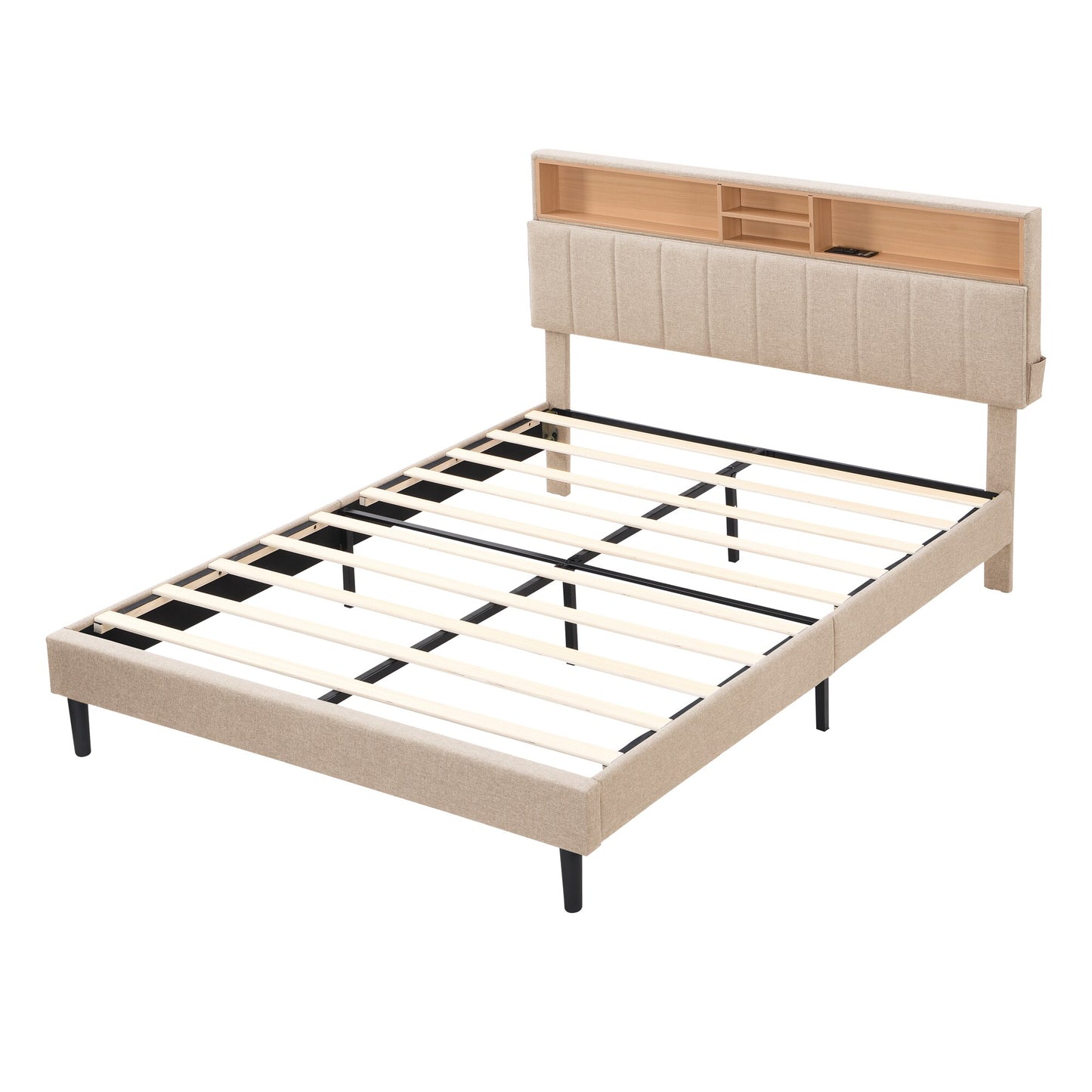 Modern Upholstered Bed with Storage and USB Port | Wood and Linen | Queen/Full Size
