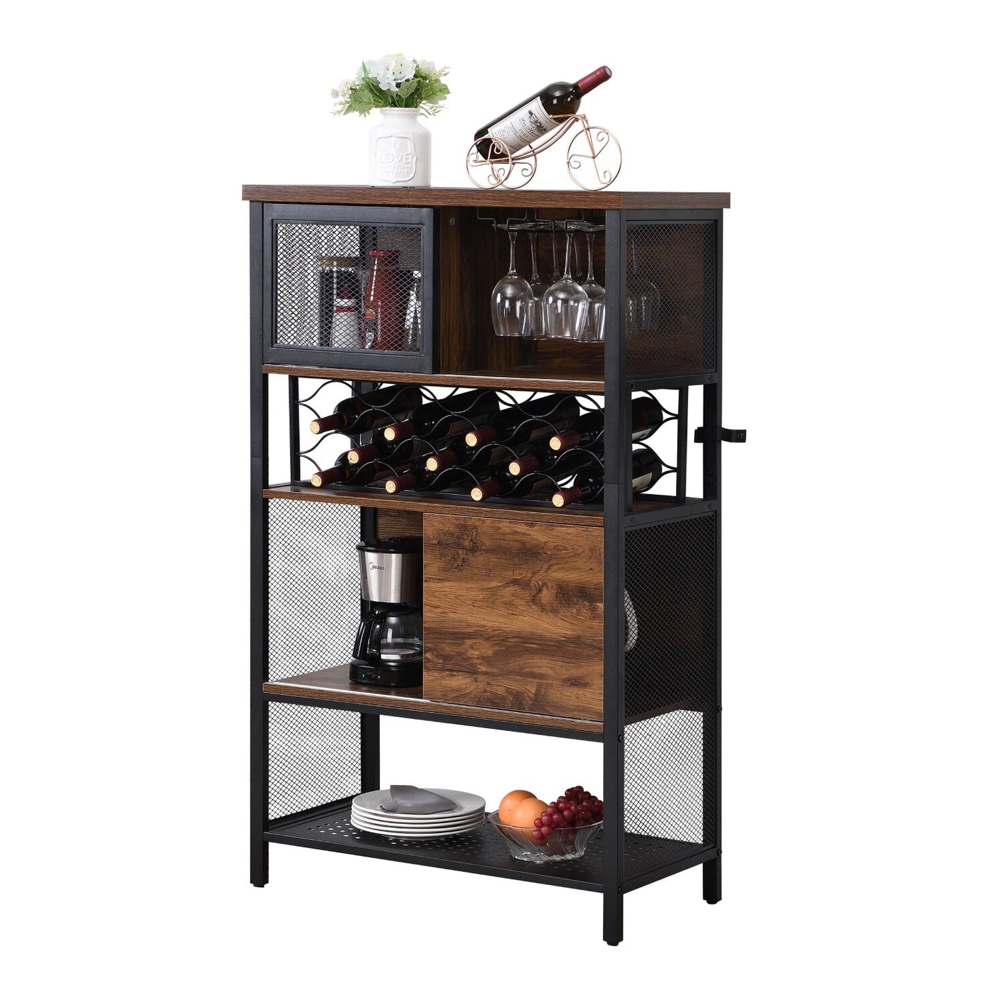 Industrial Bar Cabinet with Wine Rack - Holds 11 Bottles of Wine and 4 Wine Glasses, Wood and Metal Storage Cabinet for Home Kitchen