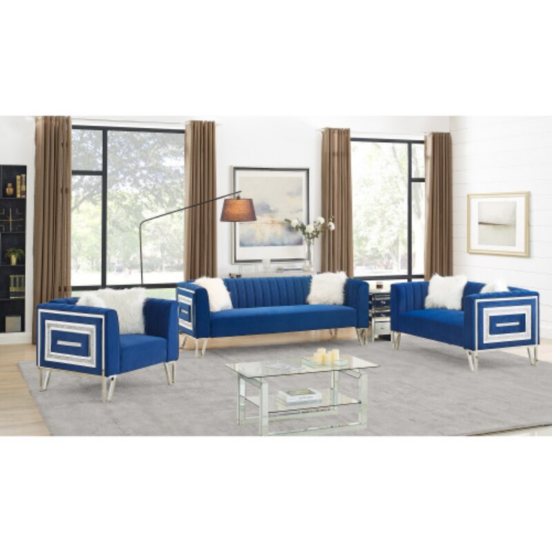 3 Piece Living Room Sofa Set - 3-Seater Sofa, Loveseat, and Sofa Chair with Mirrored Side Trim