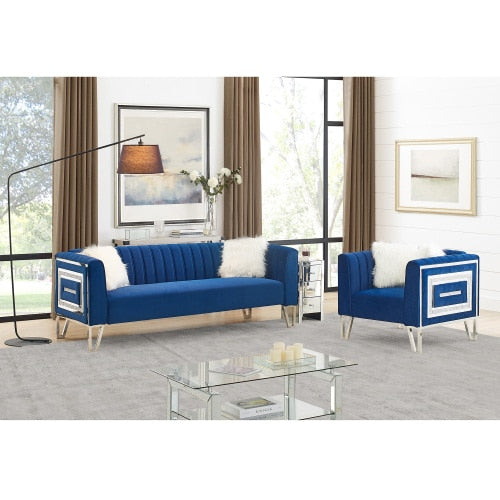 3 Piece Living Room Sofa Set - 3-Seater Sofa, Loveseat, and Sofa Chair with Mirrored Side Trim