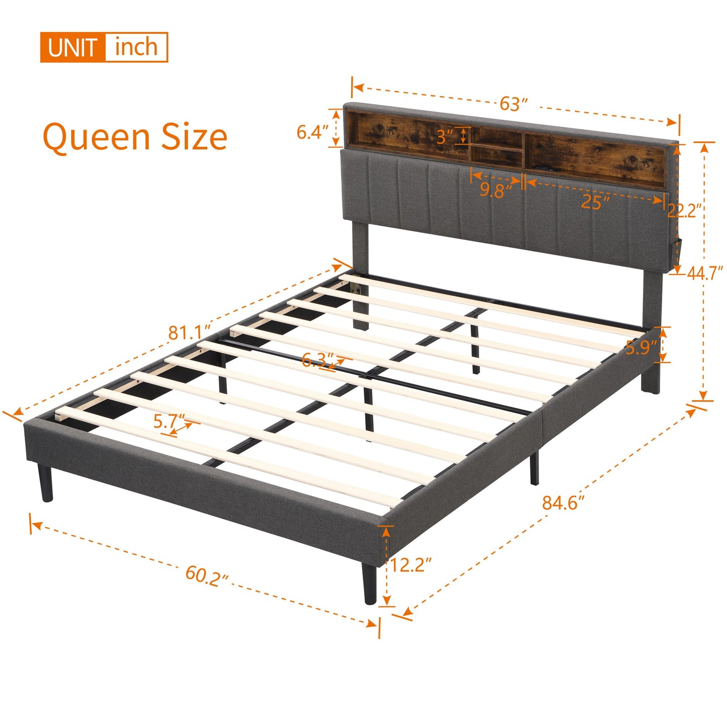 Modern Upholstered Bed with Storage and USB Port | Wood and Linen | Queen/Full Size
