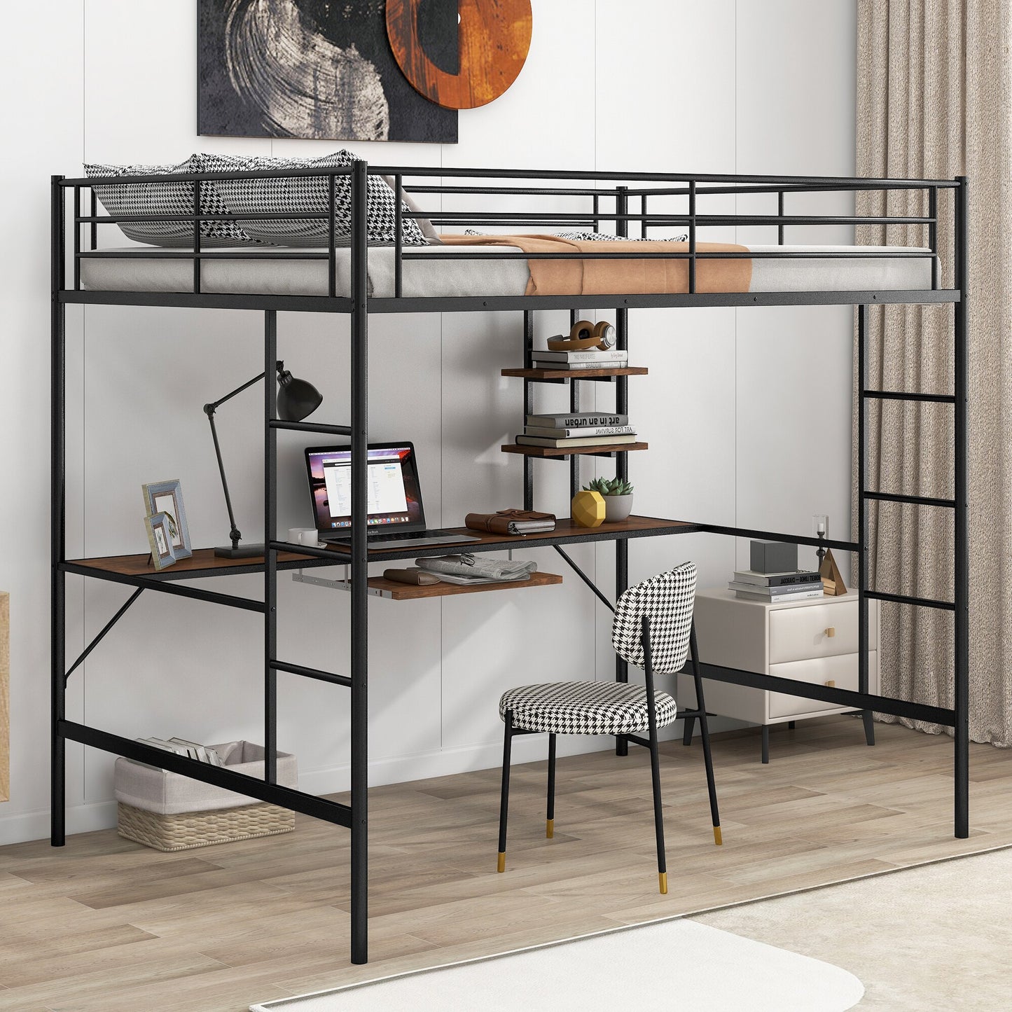 Full Size Loft Bed with Desk and Shelf - Space Saving Black Metal Frame for Bedroom