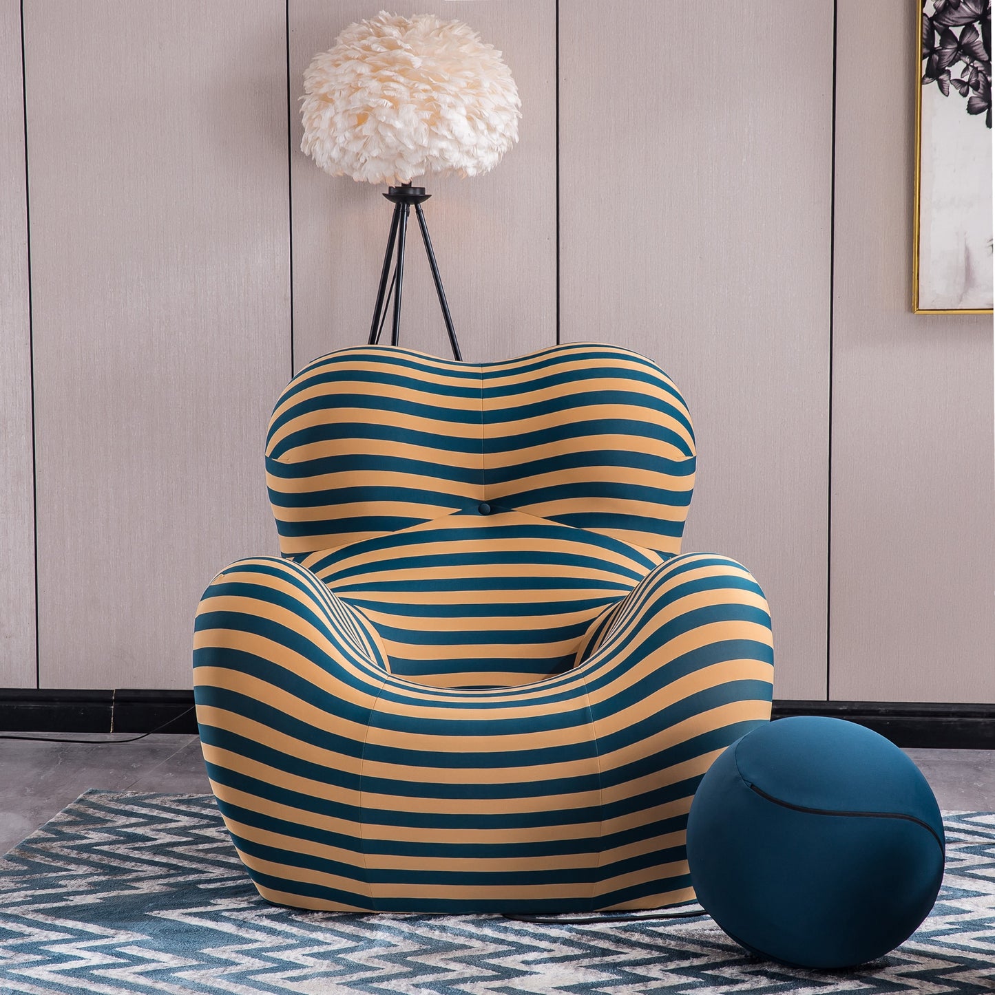 Stripe Barrel Chair and Ottoman Set - Modern and Comfortable Seating for Living Room (Available in 3 Colors and 2 Sizes) Large Size in Blue and Yellow Stripes