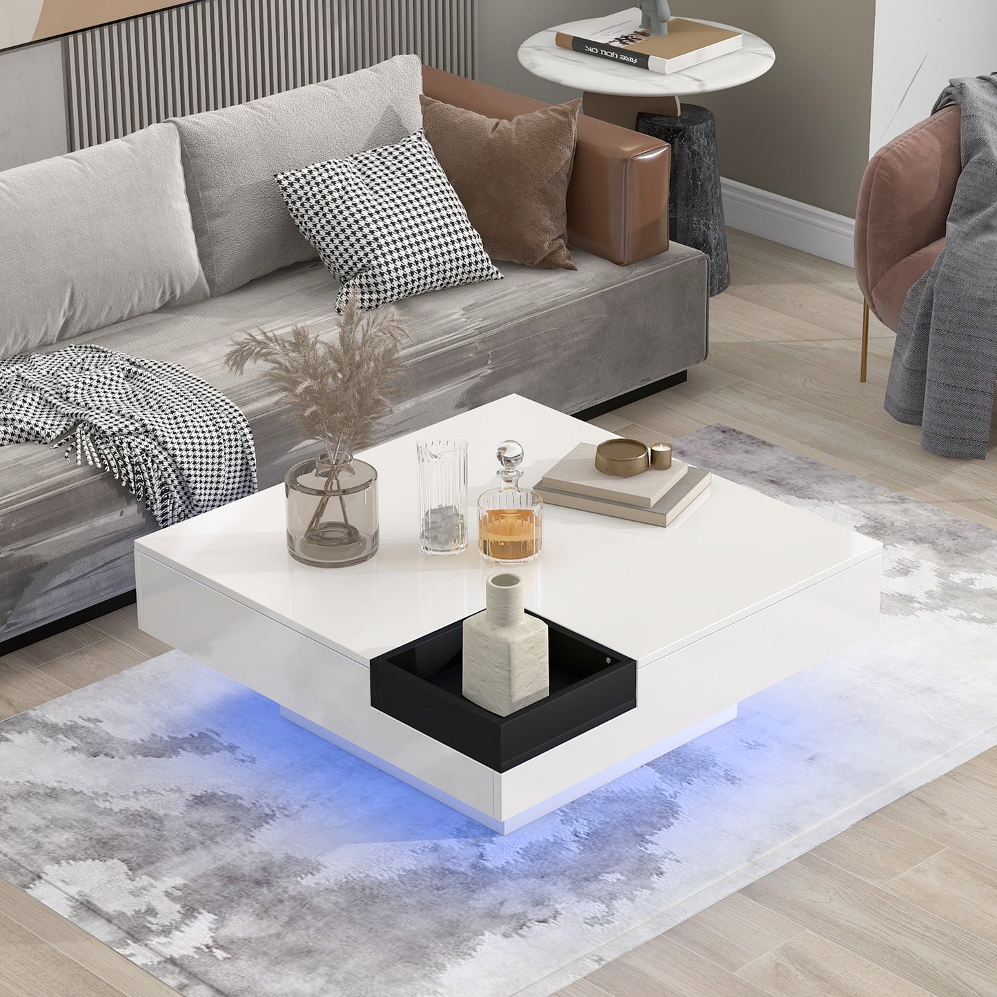 Modern Minimalist Design Square Coffee Table with LED Strip Lights and Detachable Tray