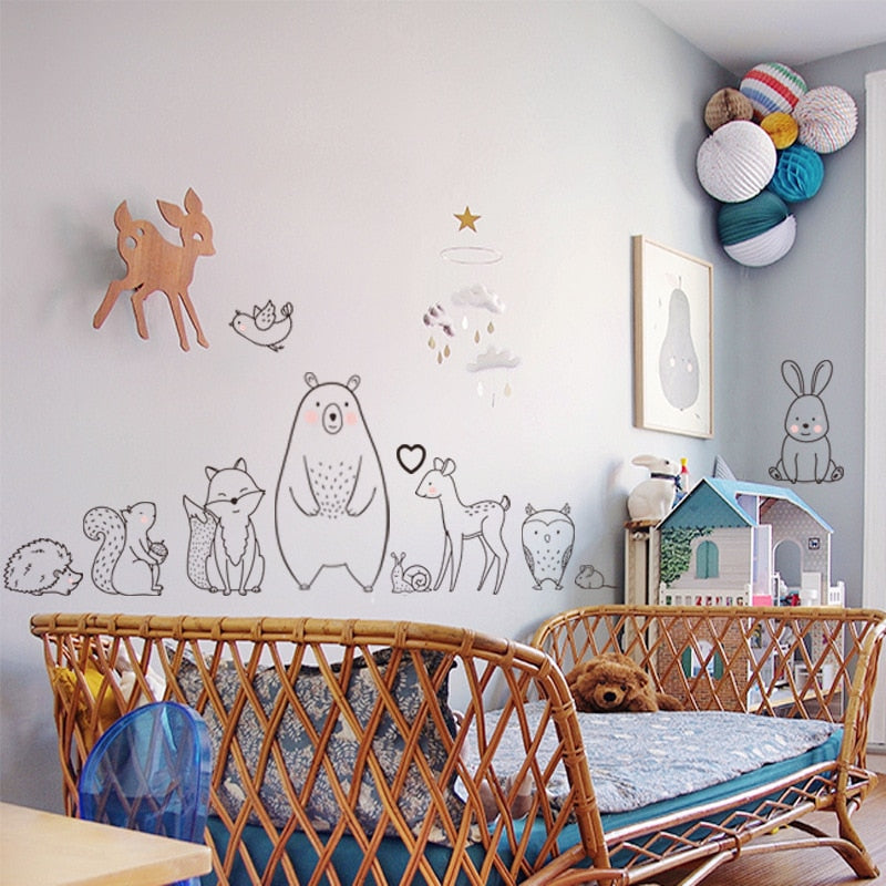 Nordic Cartoon Animal Wall Sticker Shy Bear Fox Baby Children Room Creative Nursery Decals Adhesive Home Decor Wallpaper Supply - Miajohome