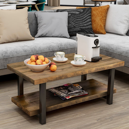Rustic Natural Coffee Table with Storage Shelf for Living Room