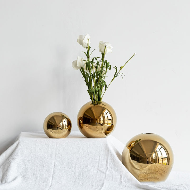 Golden Electroplated Ceramic Ball Flower Vase Modern Art Pot for Interior Home Living Room Office Table Desk Decoration Gifts - Miajohome
