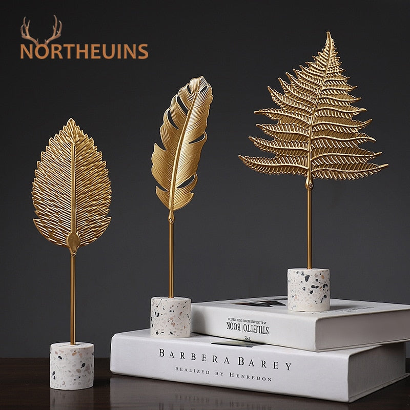 NORTHEUINS Iron Creative Golden Leaf Figurines Nordic Modern Desktop Decor Leaves Statue Sculpture For Home Interior Decoration - Miajohome