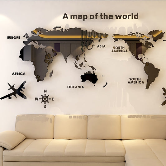 Solid Acrylic Wall Sticker World Map Decals For Living Room 3D Wall Decals Sofa Backgroud Mural Large Wallpaper For Home Decor - Miajohome