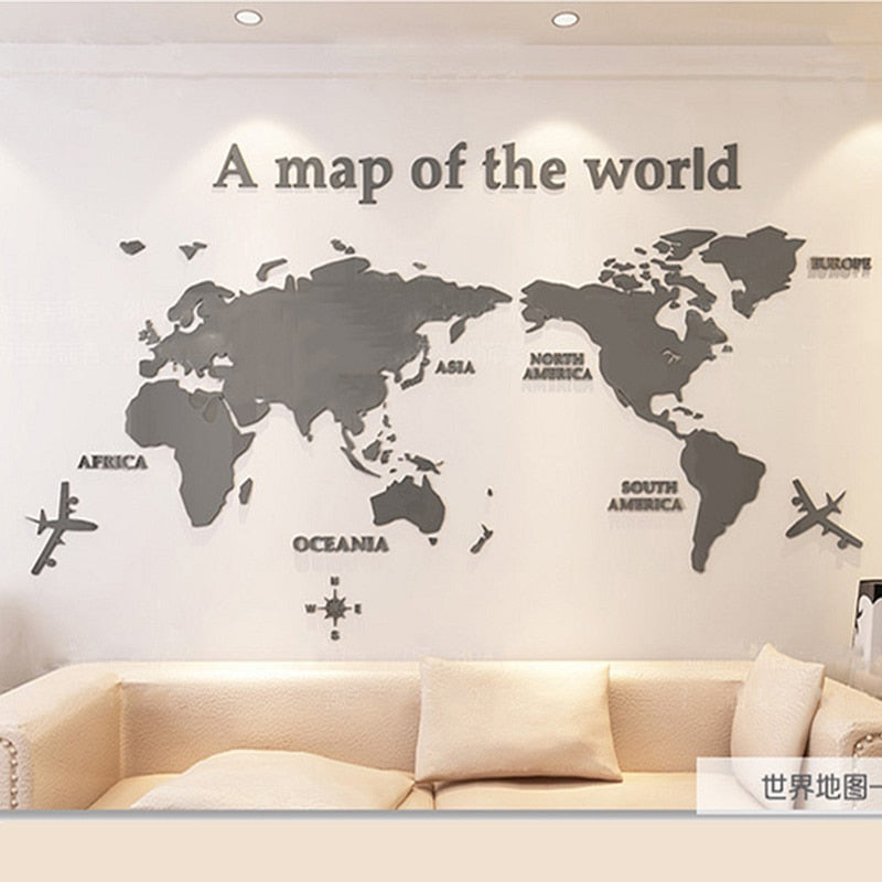 Solid Acrylic Wall Sticker World Map Decals For Living Room 3D Wall Decals Sofa Backgroud Mural Large Wallpaper For Home Decor - Miajohome