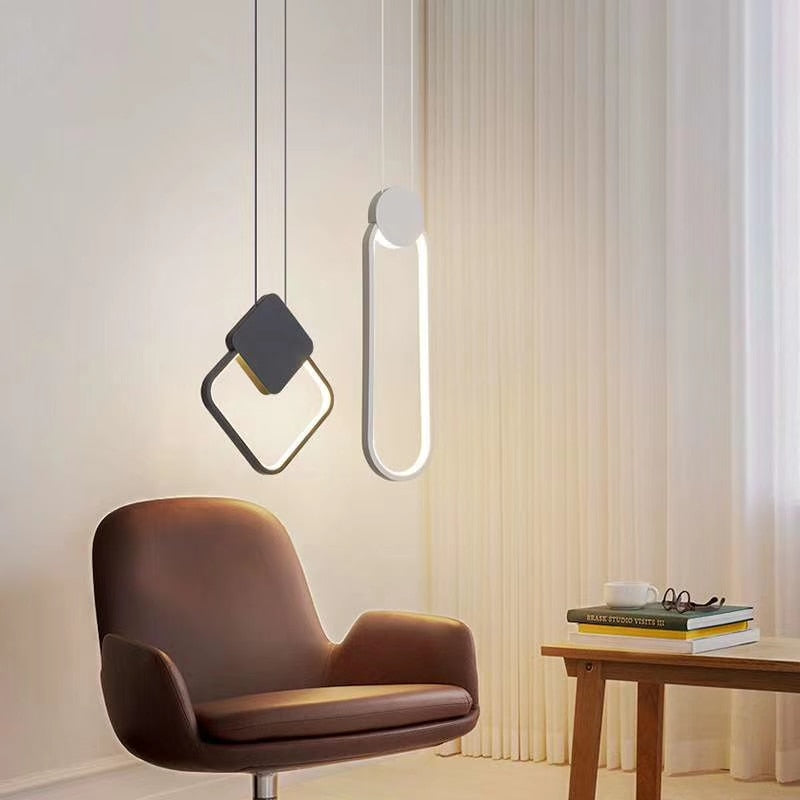 Nordic Minimalist White Black Square Round Pendant Lamp with Long Wire Dimmable LED High Ceiling Hanging Light for Bedside Decor - Miajohome