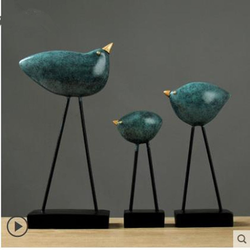 Whimsical Resin Bird Sculptures - Set of 3 Pcs