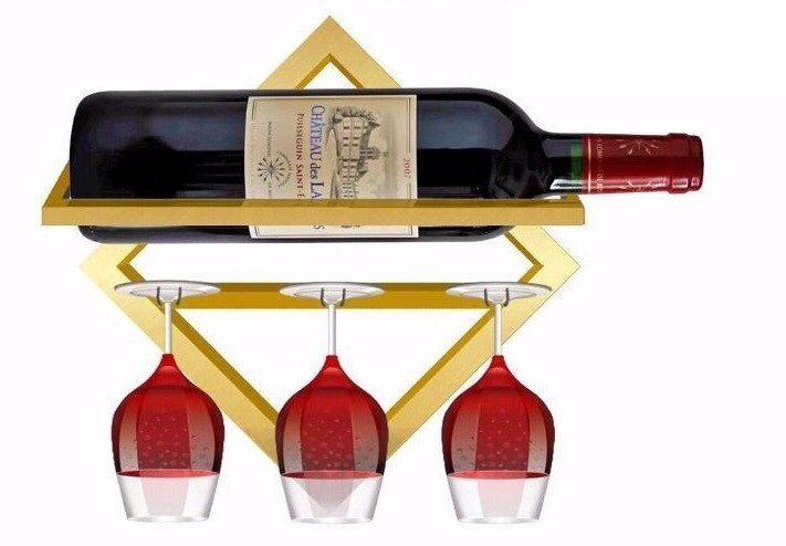 Wall Mounted Wine Rack Shelf Organizer for Retro Display, Metal Craft, Suspension, Holds 1-2 Bottles - Black/White/Gold