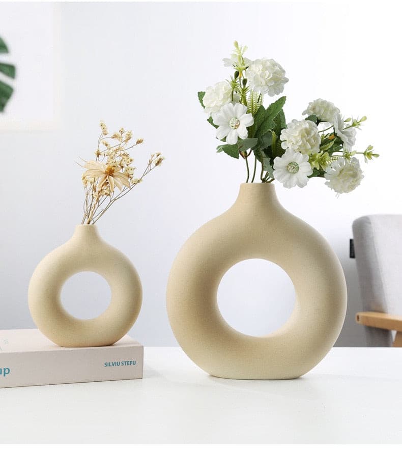 Nordic Ceramic Vase Circular Hollow Donuts Flower Pot Home Living Room Decoration Accessories Interior Office Desktop Decor Gift - Miajohome